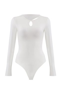 Red Hollow Out Round Neck Bodysuit for Women - Sexy Backless Long Sleeve Tight T-Shirt with Chest Pad - Y2K Fashion