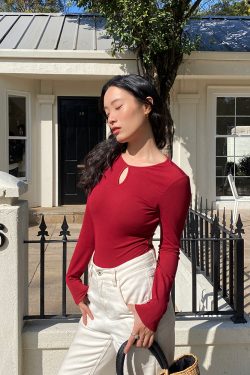 Red Hollow Out Round Neck Bodysuit for Women - Sexy Backless Long Sleeve Tight T-Shirt with Chest Pad - Y2K Fashion