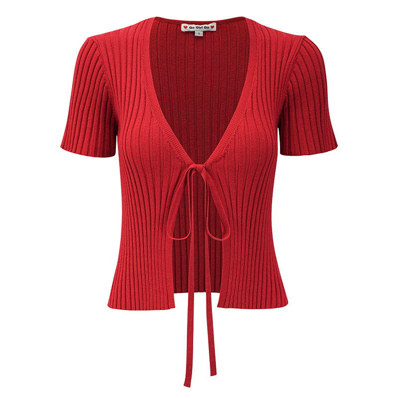 Red Knitted Cardigan for Women - Simple V-Neck, Short Sleeve, Tied Design - European and American Style, Perfect for Y2K Fashion Red Knitted Cardigan for Women - Simple V-Neck, Short Sleeve, Tied Design - European and American Style, Perfect for Y2K Fashion