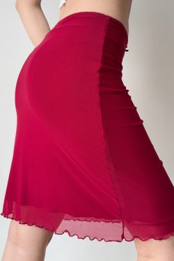 Red Mesh Half Skirt Summer Dress with Drape Detail - Self-Made European & American Style Bodycon Fashion