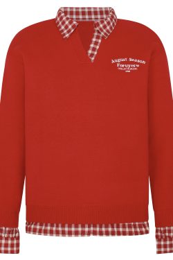 Red Plaid Polo Collar Fake Two-Piece Jacket - Chic Versatile Sweater for Autumn Winter - Y2K Inspired Fashion Style