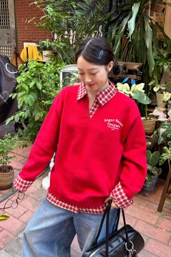 Red Plaid Polo Collar Fake Two-Piece Jacket - Chic Versatile Sweater for Autumn Winter - Y2K Inspired Fashion Style