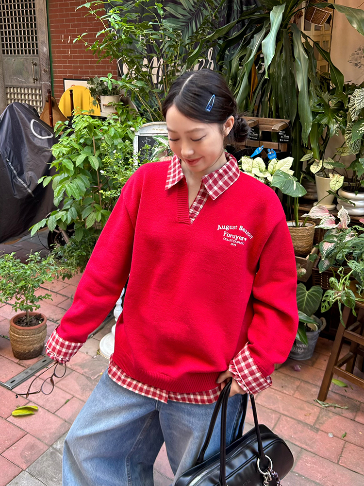 Red Plaid Polo Collar Fake Two-Piece Jacket - Chic Versatile Sweater for Autumn Winter - Y2K Inspired Fashion Style Red Plaid Polo Collar Fake Two-Piece Jacket - Chic Versatile Sweater for Autumn Winter - Y2K Inspired Fashion Style