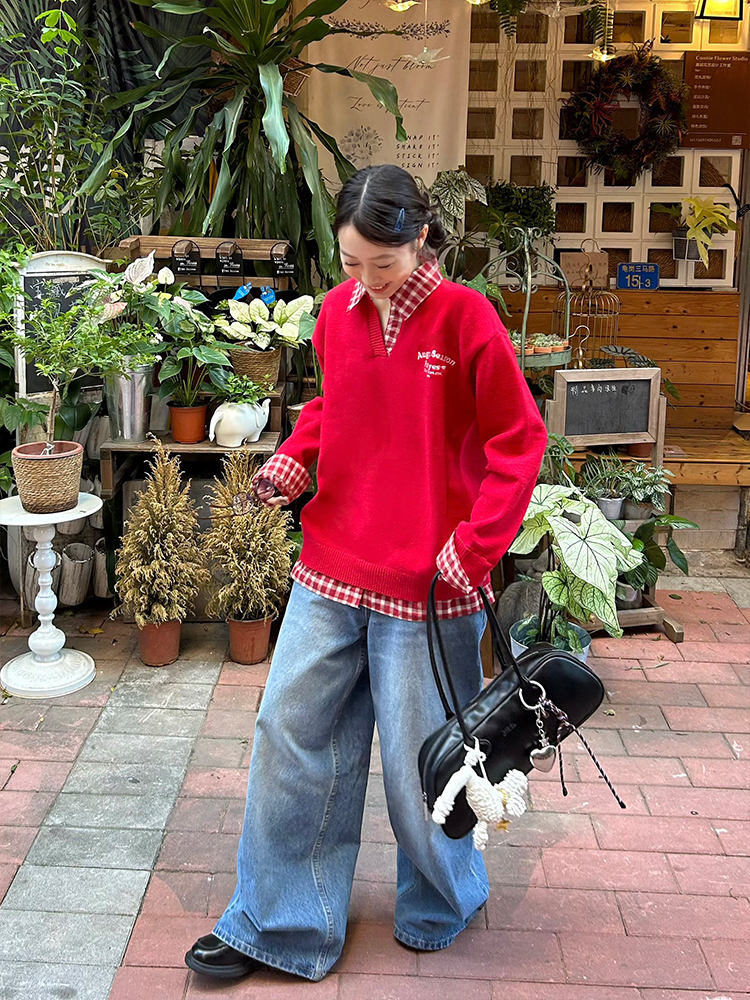 Red Plaid Polo Collar Fake Two-Piece Jacket - Chic Versatile Sweater for Autumn Winter - Y2K Inspired Fashion Style Red Plaid Polo Collar Fake Two-Piece Jacket - Chic Versatile Sweater for Autumn Winter - Y2K Inspired Fashion Style