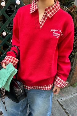 Red Plaid Polo Collar Fake Two-Piece Jacket - Chic Versatile Sweater for Autumn Winter - Y2K Inspired Fashion Style