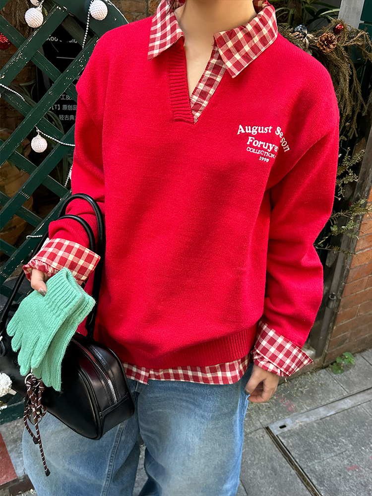 Red Plaid Polo Collar Fake Two-Piece Jacket - Chic Versatile Sweater for Autumn Winter - Y2K Inspired Fashion Style Red Plaid Polo Collar Fake Two-Piece Jacket - Chic Versatile Sweater for Autumn Winter - Y2K Inspired Fashion Style