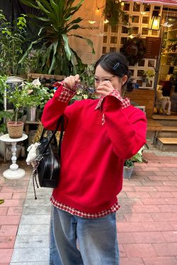 Red Plaid Polo Collar Fake Two-Piece Jacket - Chic Versatile Sweater for Autumn Winter - Y2K Inspired Fashion Style