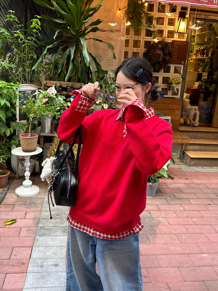 Red Plaid Polo Collar Fake Two-Piece Jacket - Chic Versatile Sweater for Autumn Winter - Y2K Inspired Fashion Style Red Plaid Polo Collar Fake Two-Piece Jacket - Chic Versatile Sweater for Autumn Winter - Y2K Inspired Fashion Style