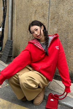 Red Plaid Spliced Slogan Loose Fleece Zipper Hoodie Jacket for Autumn Winter Y2K Style