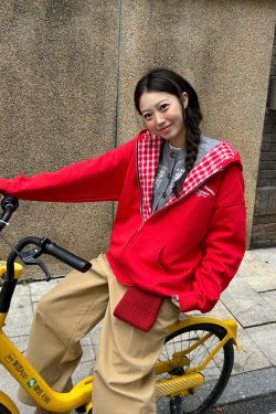 Red Plaid Spliced Slogan Loose Fleece Zipper Hoodie Jacket for Autumn Winter Y2K Style