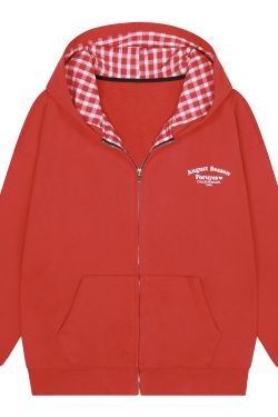 Red Plaid Spliced Slogan Loose Fleece Zipper Hoodie Jacket for Autumn Winter Y2K Style