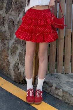 Red Polka Dot A-Line Skirt for Women - Waist-Defining Slimming Cake Puff Short Skirt - Trendy Y2K Style