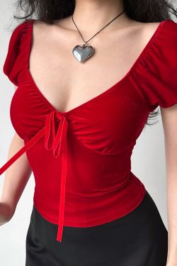 Red Velvet V-Neck Short Sleeve T-Shirt for Women with Puff Sleeves - Slim Fit Sexy Top in European American Style
