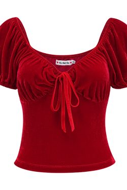 Red Velvet V-Neck Short Sleeve T-Shirt for Women with Puff Sleeves - Slim Fit Sexy Top in European American Style