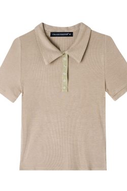 Retro Academy Collared Button Short Sleeve Ribbed Cotton T-Shirt – Comfortable Solid Color Top for Casual 90s and Y2K Style