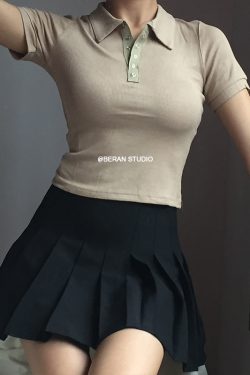 Retro Academy Collared Button Short Sleeve Ribbed Cotton T-Shirt – Comfortable Solid Color Top for Casual 90s and Y2K Style