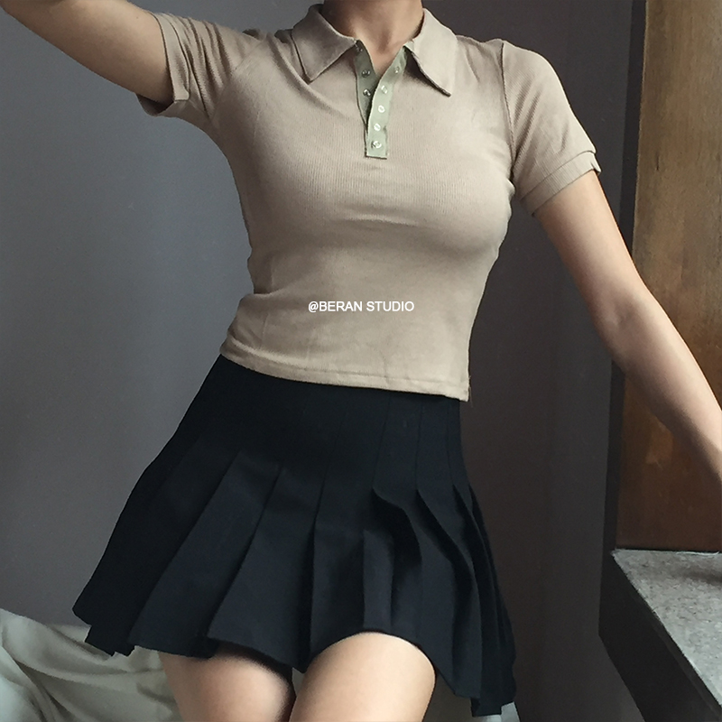 Retro Academy Collared Button Short Sleeve Ribbed Cotton T-Shirt – Comfortable Solid Color Top for Casual 90s and Y2K Style Retro Academy Collared Button Short Sleeve Ribbed Cotton T-Shirt – Comfortable Solid Color Top for Casual 90s and Y2K Style