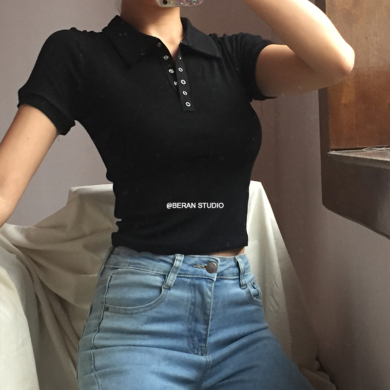 Retro Academy Collared Button Short Sleeve Ribbed Cotton T-Shirt – Comfortable Solid Color Top for Casual 90s and Y2K Style Retro Academy Collared Button Short Sleeve Ribbed Cotton T-Shirt – Comfortable Solid Color Top for Casual 90s and Y2K Style