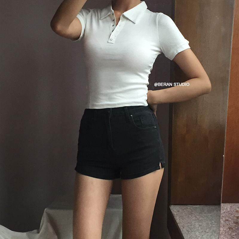 Retro Academy Collared Button Short Sleeve Ribbed Cotton T-Shirt – Comfortable Solid Color Top for Casual 90s and Y2K Style Retro Academy Collared Button Short Sleeve Ribbed Cotton T-Shirt – Comfortable Solid Color Top for Casual 90s and Y2K Style