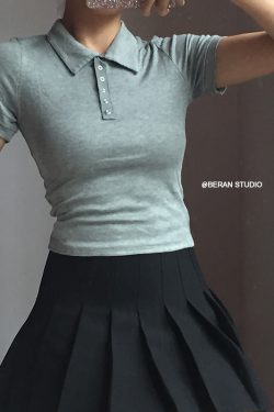 Retro Academy Collared Button Short Sleeve Ribbed Cotton T-Shirt – Comfortable Solid Color Top for Casual 90s and Y2K Style