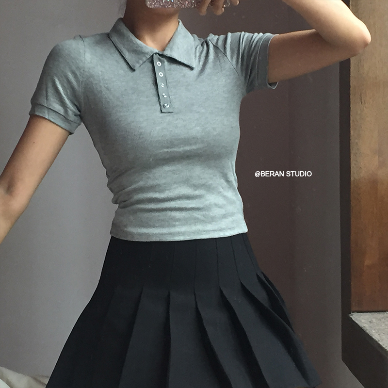 Retro Academy Collared Button Short Sleeve Ribbed Cotton T-Shirt – Comfortable Solid Color Top for Casual 90s and Y2K Style Retro Academy Collared Button Short Sleeve Ribbed Cotton T-Shirt – Comfortable Solid Color Top for Casual 90s and Y2K Style