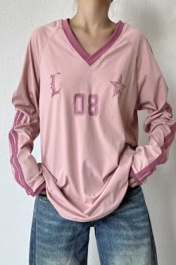 Retro American Oversized Jersey T-Shirt with Color Block Letters | Versatile Raglan Top for Casual Y2K Style