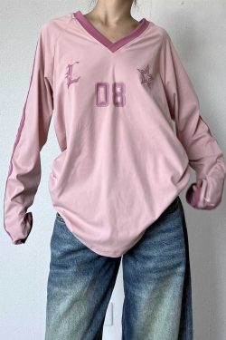 Retro American Oversized Jersey T-Shirt with Color Block Letters | Versatile Raglan Top for Casual Y2K Style