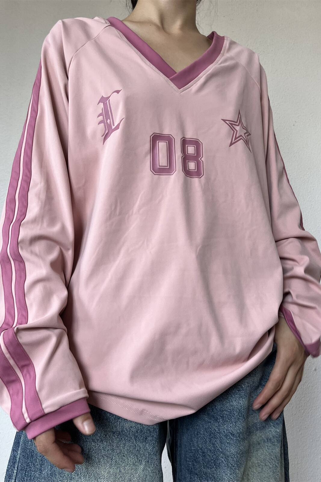 Retro American Oversized Jersey T-Shirt with Color Block Letters | Versatile Raglan Top for Casual Y2K Style