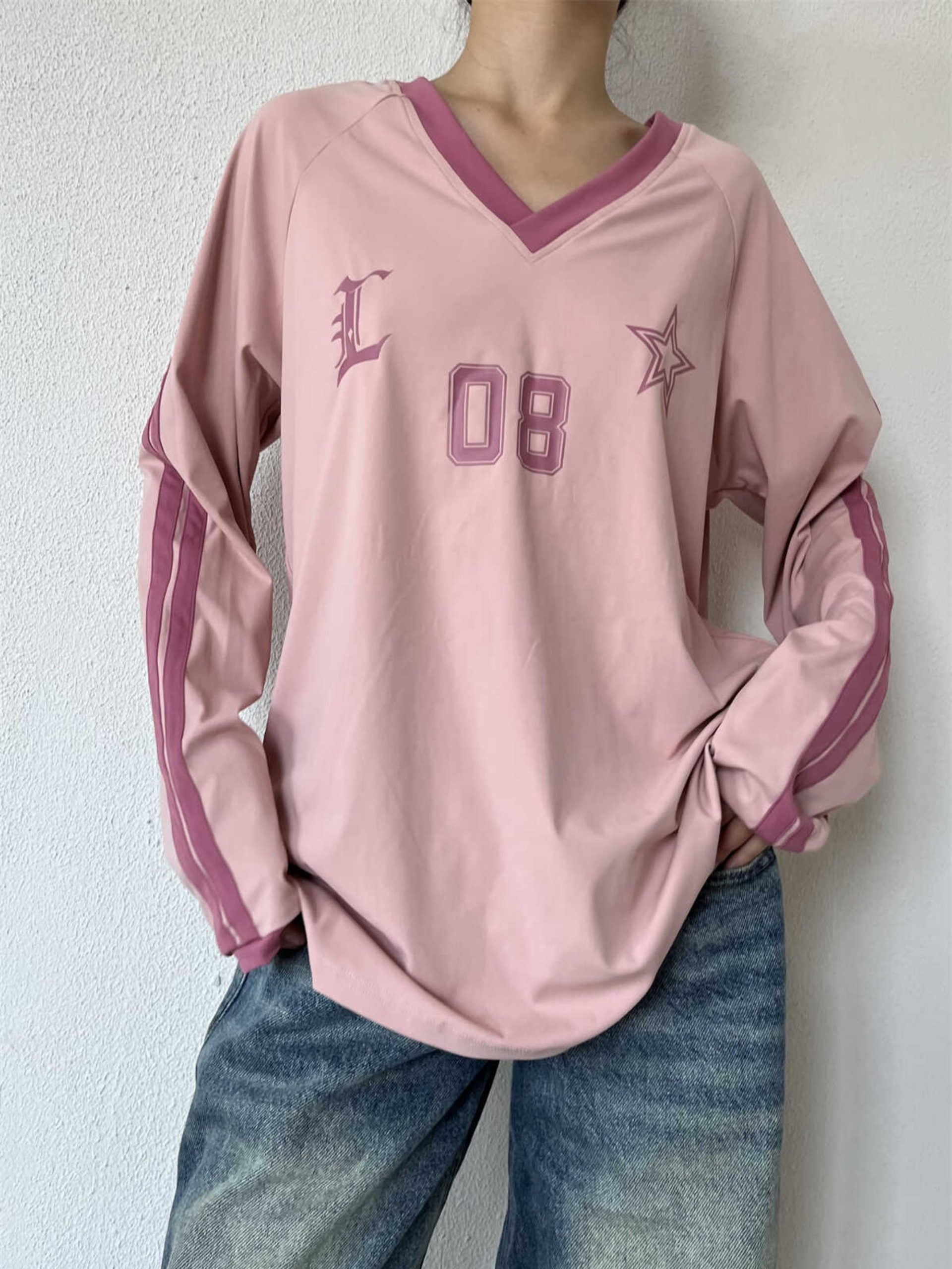 Retro American Oversized Jersey T-Shirt with Color Block Letters | Versatile Raglan Top for Casual Y2K Style Retro American Oversized Jersey T-Shirt with Color Block Letters | Versatile Raglan Top for Casual Y2K Style