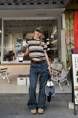 Retro American Striped Loose Short Sleeve T-Shirt for Women - Summer 2024 INS Style Top, Casual Y2K Fashion