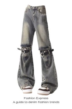 Retro American-Style Ripped Flared Jeans for Women with Unique Belt Splicing - Vintage Wasteland Fashion Pants