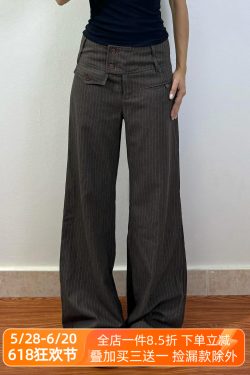 Retro Asymmetrical Pocket Striped Wide-Leg Pants for Women - Vintage British Style Loose Fit Straight-Leg Trousers