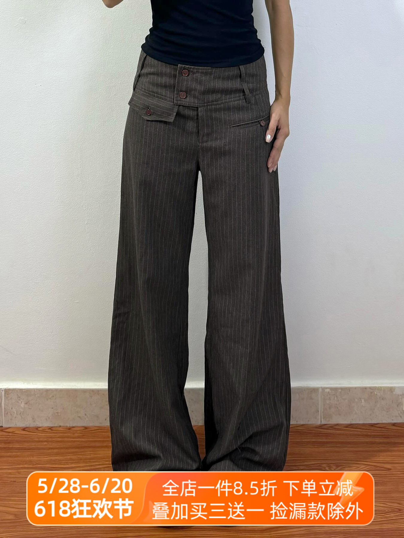 Retro Asymmetrical Pocket Striped Wide-Leg Pants for Women - Vintage British Style Loose Fit Straight-Leg Trousers Retro Asymmetrical Pocket Striped Wide-Leg Pants for Women - Vintage British Style Loose Fit Straight-Leg Trousers