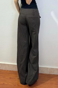 Retro Asymmetrical Pocket Striped Wide-Leg Pants for Women - Vintage British Style Loose Fit Straight-Leg Trousers