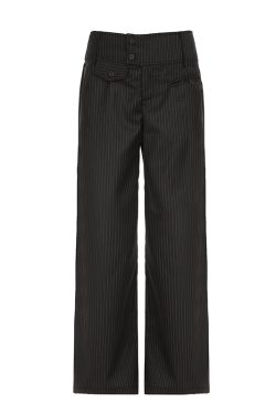 Retro Asymmetrical Pocket Striped Wide-Leg Pants for Women - Vintage British Style Loose Fit Straight-Leg Trousers