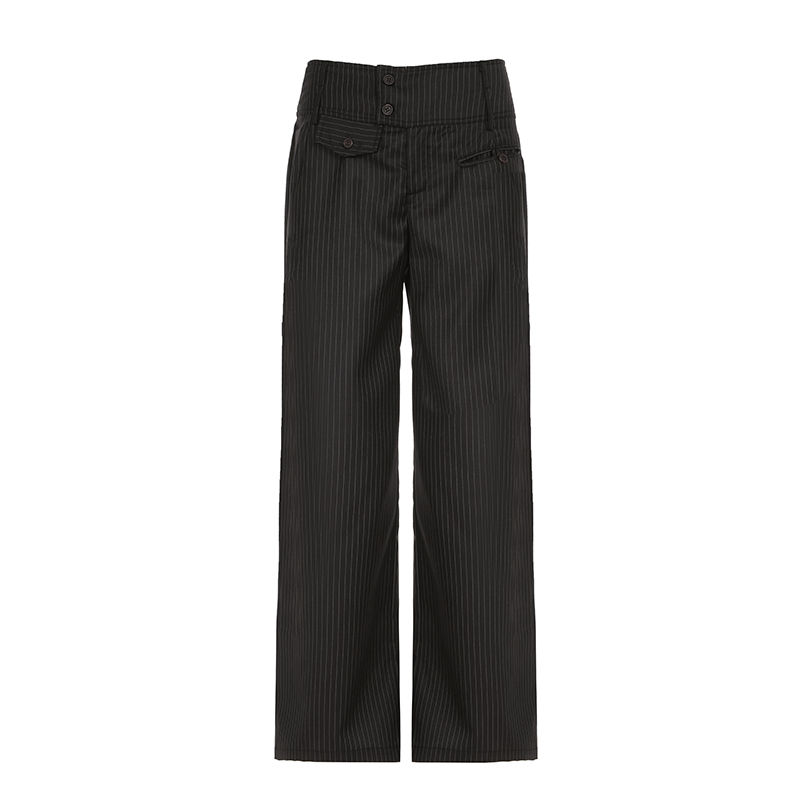 Retro Asymmetrical Pocket Striped Wide-Leg Pants for Women - Vintage British Style Loose Fit Straight-Leg Trousers Retro Asymmetrical Pocket Striped Wide-Leg Pants for Women - Vintage British Style Loose Fit Straight-Leg Trousers