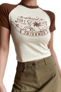 Retro Beach Wave Coconut Tree Color-Blocked Short Sleeve Raglan T-Shirt for Women - 90s Inspired Casual Top