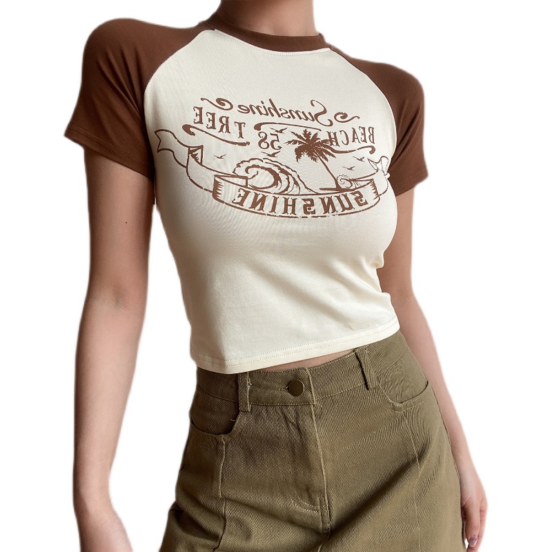 Retro Beach Wave Coconut Tree Color-Blocked Short Sleeve Raglan T-Shirt for Women - 90s Inspired Casual Top Retro Beach Wave Coconut Tree Color-Blocked Short Sleeve Raglan T-Shirt for Women - 90s Inspired Casual Top