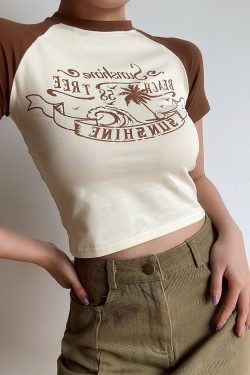 Retro Beach Wave Coconut Tree Color-Blocked Short Sleeve Raglan T-Shirt for Women - 90s Inspired Casual Top