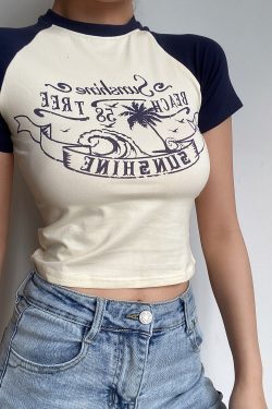 Retro Beach Wave Coconut Tree Color-Blocked Short Sleeve Raglan T-Shirt for Women - 90s Inspired Casual Top