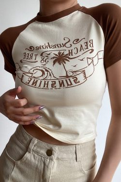 Retro Beach Wave Coconut Tree Color-Blocked Short Sleeve Raglan T-Shirt for Women - 90s Inspired Casual Top