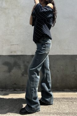 Retro Blue Low-Waist Slim Fit Jeans for Women - Vintage Embroidered American Style, Spring 2025 Fashion