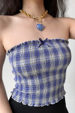 Retro Blue Plaid Strapless Summer Top for Women - Sleeveless 90s Style Outfit for Hot Girls