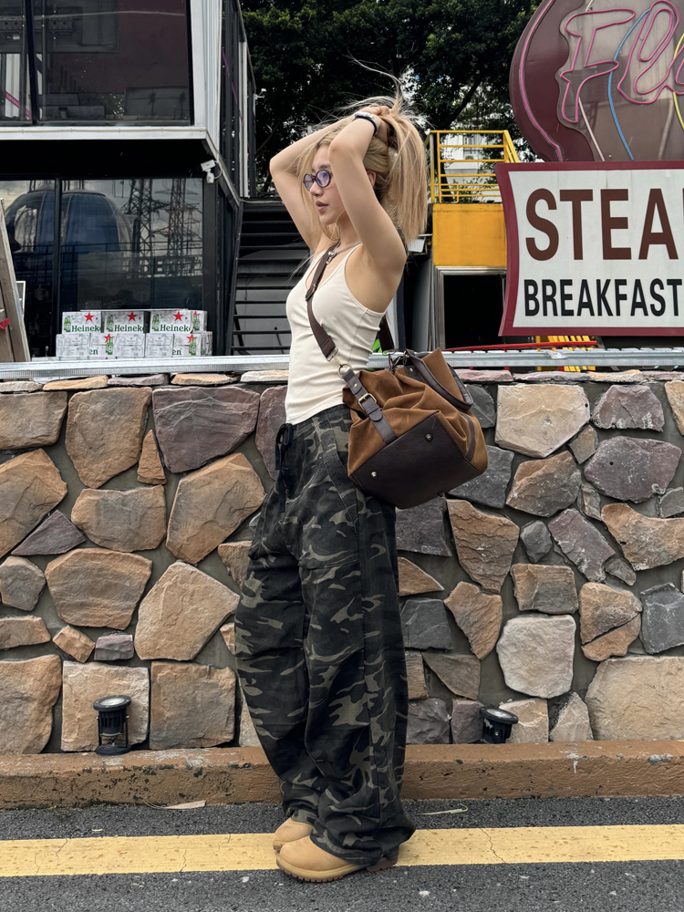 Retro Camouflage Straight Tube Pleated Pants with Waist Belt - Casual Loose Fit Long Pants for Y2K Style and Workwear Retro Camouflage Straight Tube Pleated Pants with Waist Belt - Casual Loose Fit Long Pants for Y2K Style and Workwear