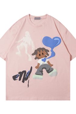 Retro Cartoon Pattern Casual Couple Short Sleeve T-Shirt - American Style Versatile Y2K Fashion