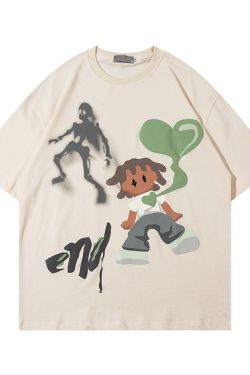 Retro Cartoon Pattern Casual Couple Short Sleeve T-Shirt - American Style Versatile Y2K Fashion