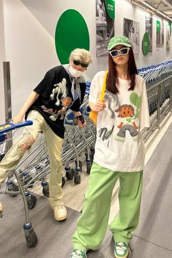Retro Cartoon Pattern Casual Couple Short Sleeve T-Shirt - American Style Versatile Y2K Fashion