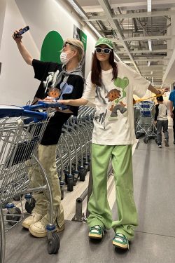 Retro Cartoon Pattern Casual Couple Short Sleeve T-Shirt - American Style Versatile Y2K Fashion