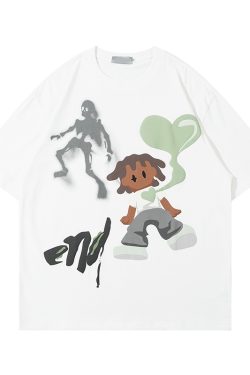 Retro Cartoon Pattern Casual Couple Short Sleeve T-Shirt - American Style Versatile Y2K Fashion