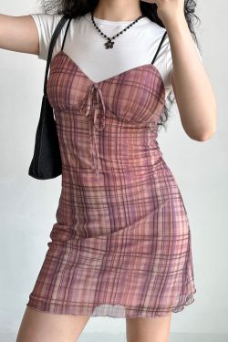 Retro Checkered Strap Dress for Women - Self-Made European American Style, Bow Detail, Slim Fit, Sleeveless Summer Fashion